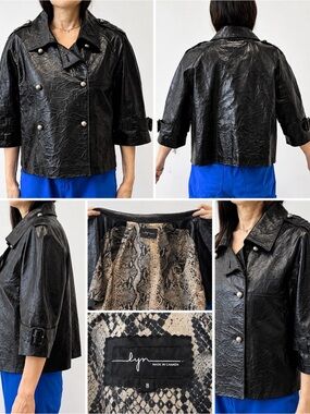 Lyn Black Cropped Faux-Leather Jacket with Snapped Front